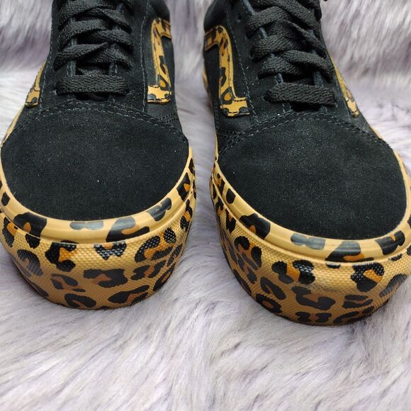 Vans Old Skool Platform Leopard Suede Sneaker Women Sz 5.5 Black Brown Cheetah - Picture 4 of 9